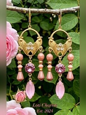 Victorian Chandelier Pink Swarovski Crystals In Gold Plated Ornate Earrings